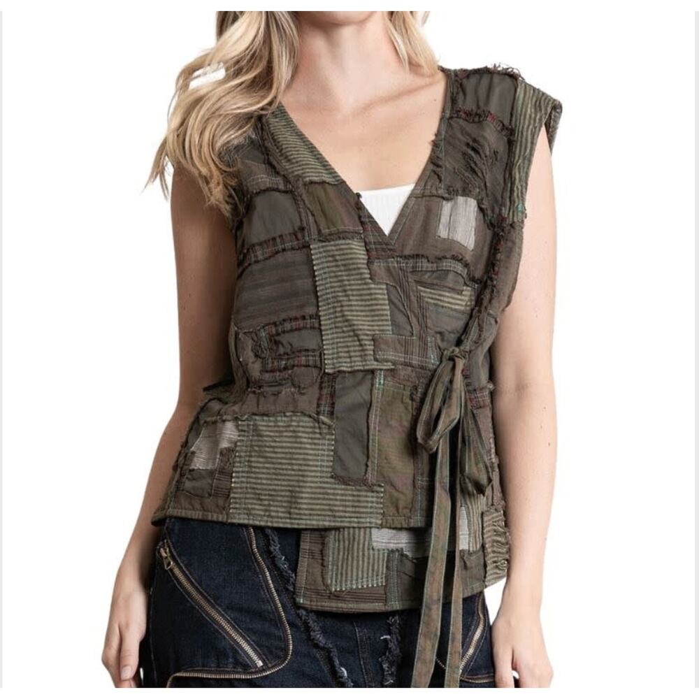 NWT Blue Velvet Patchwork Tie Vest M/L Boho Cottagecore Quilted Artisan Green
